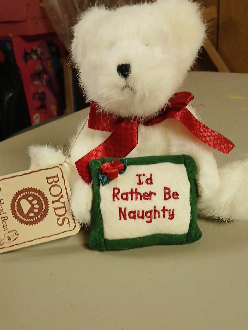 Boyds White Teddy Bear Plush with 'I'd Rather Be Naughty' Sign